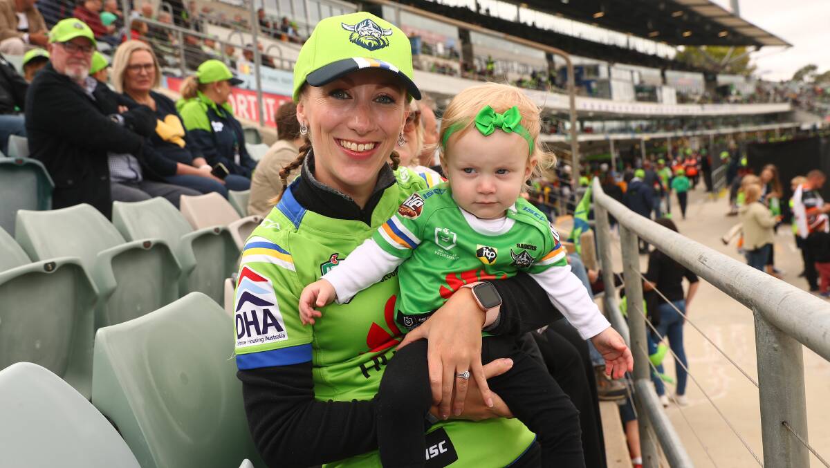 Raiders supporter Sara Turnbull with her daughter Addison, 13 months. Picture: Keegan Carroll