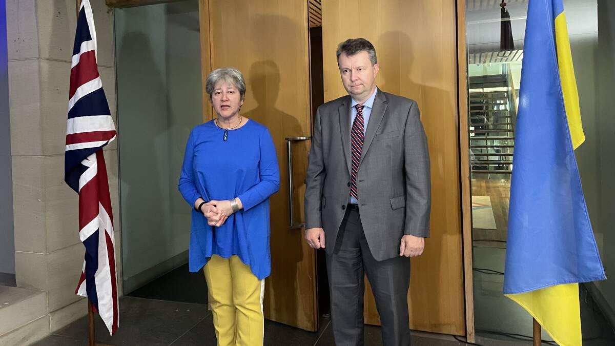 British high commissioner to Australia Vicki Treadell with Ukrainian embassy head of mission Volodymyr Shalkivskyi. Picture: Doug Dingwall