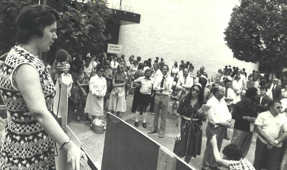 Then-Education Minister Margaret Guilfoyle addresses the crowd at a Liberal party rally in the Petrie Plaza in December 1975. Picture: Canberra Times archives
