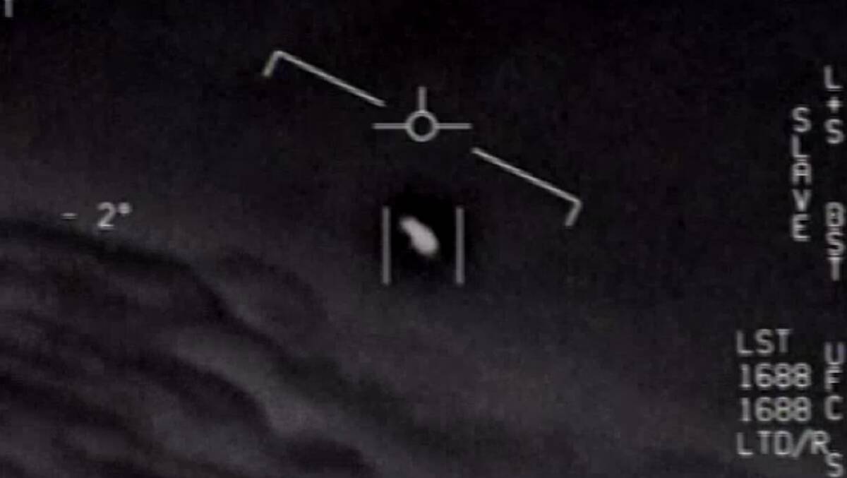 Footage from 2015, released by the US Department of Defense last year, showing a UFO seen by fighter jet pilots. Picture supplied