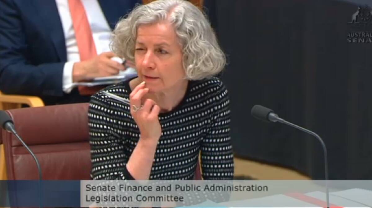 Department of the Prime Minister and Cabinet deputy secretary Stephanie Foster winking during a Senate estimates hearing last week. 