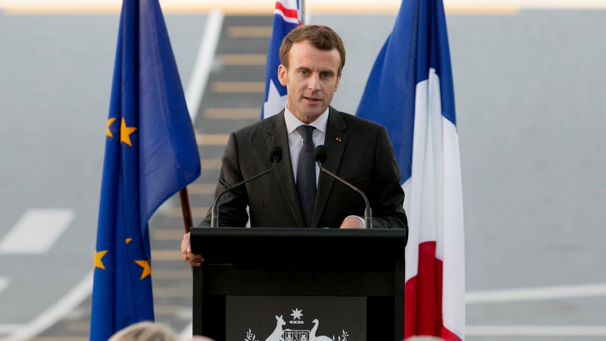 French president Emmanuel Macron delivers a speech aboard Amphibious Ship HMAS Canberra during a three day visit to Australia in 2018. Picture: Department of Defence