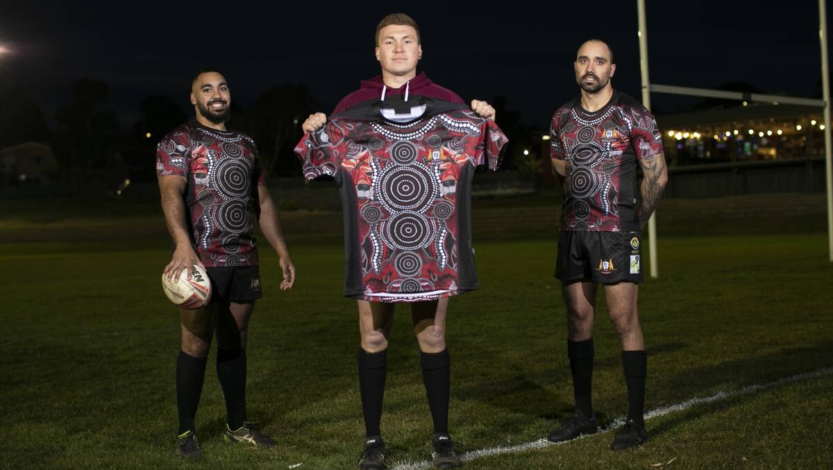 Queanbeyan Kangaroos trio Jayden Baxter, Aaron Bakker and Reeion Murray model the club's Indigenous jersey. Picture: Keegan Carroll