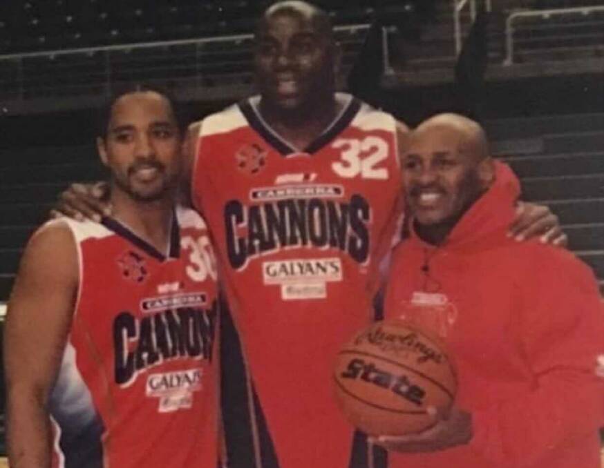 CJ Bruton, Magic Johnson, and Cal Bruton together in Cannons colours. Picture: Supplied