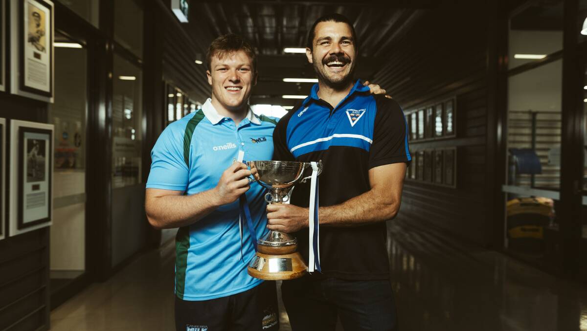 Billy Pollard and Ben Johnston share a laugh with the John I Dent Cup. Picture: Dion Georgopoulos