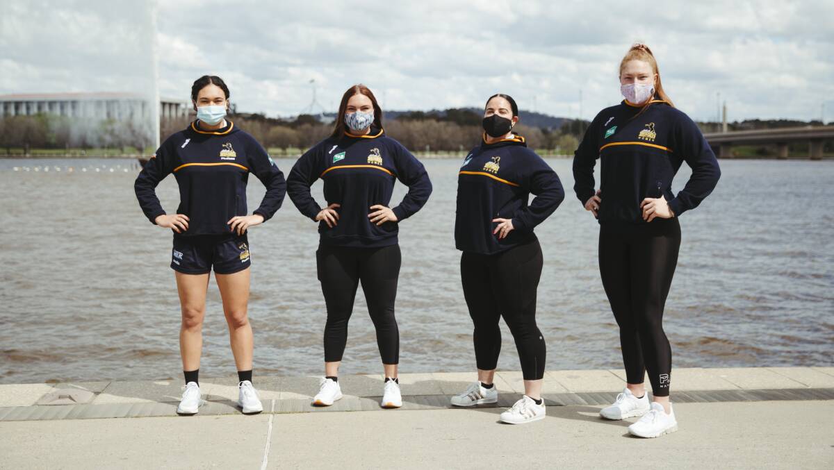 Brumbies Super W players Gabby Peterson, Niki Paterson, Louise Burrows and Grace Kemp have taken the Kids' Cancer Project's 'Better Challenge'. Picture: Dion Georgopoulos