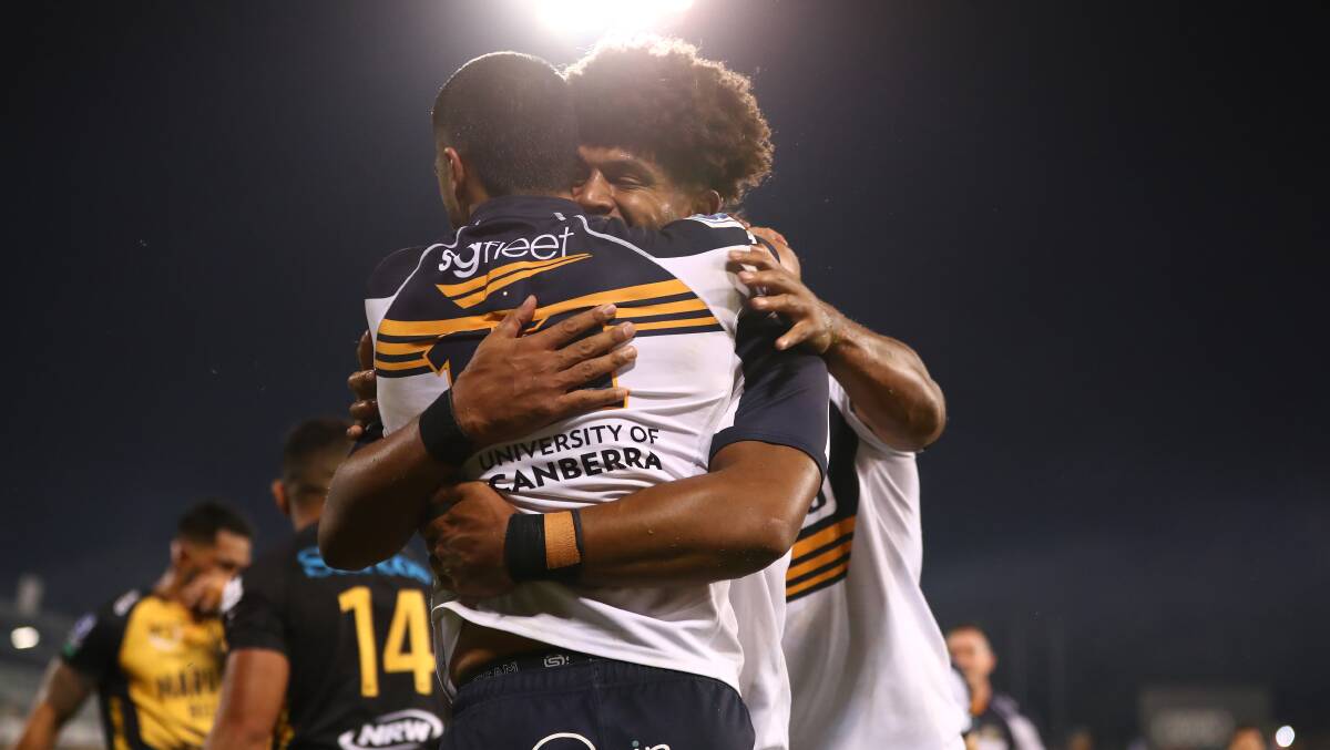 Rob Valetini and Tom Wright celebrate a try that gave the Brumbies the advantage against the Force. Picture: Keegan Carroll