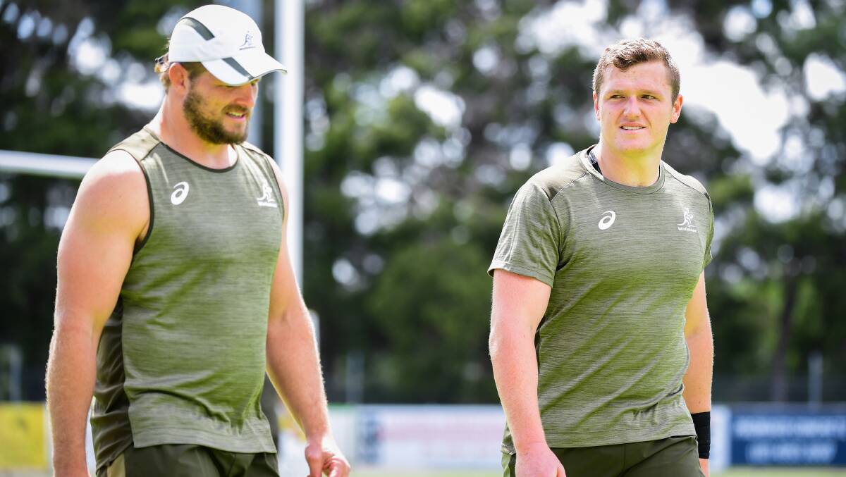 The old and the new on show with James Slipper and Angus Bell. Picture: Stuart Walmsley/Rugby Australia