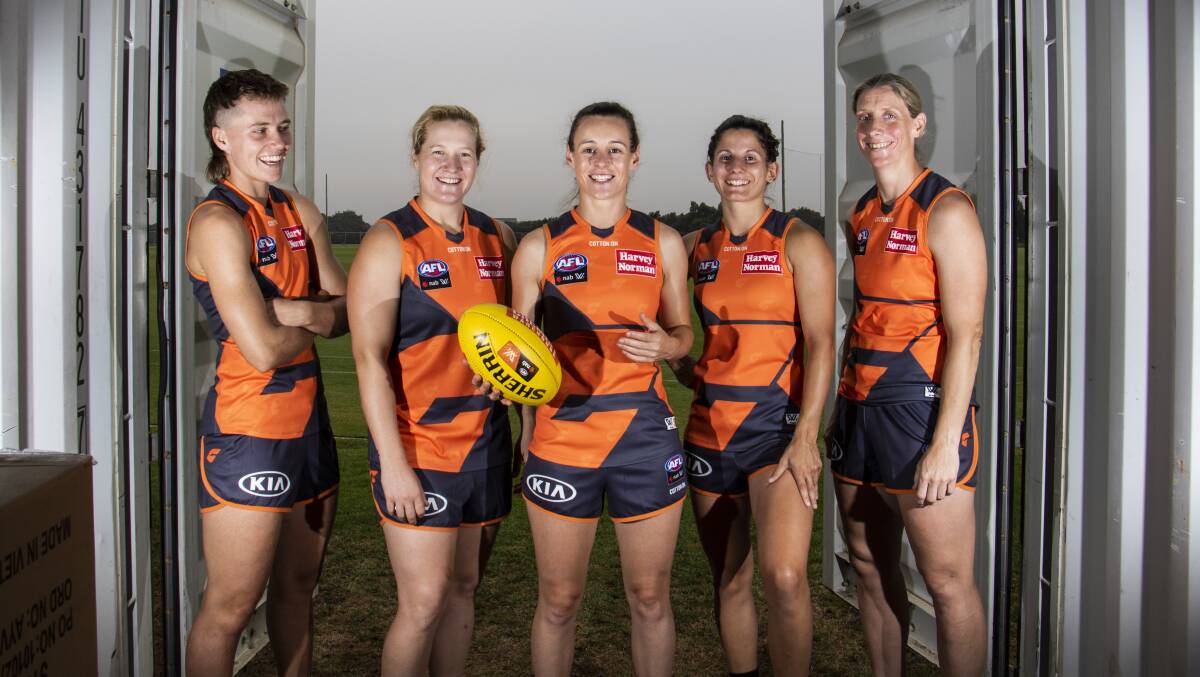 Pepa Randall, Britt Tully, Alicia Eva, Jess Dal Pos and Cora Staunton will lead GWS in search of a maiden AFLW premiership after being named in the leadership group. Picture: Ryan Miller