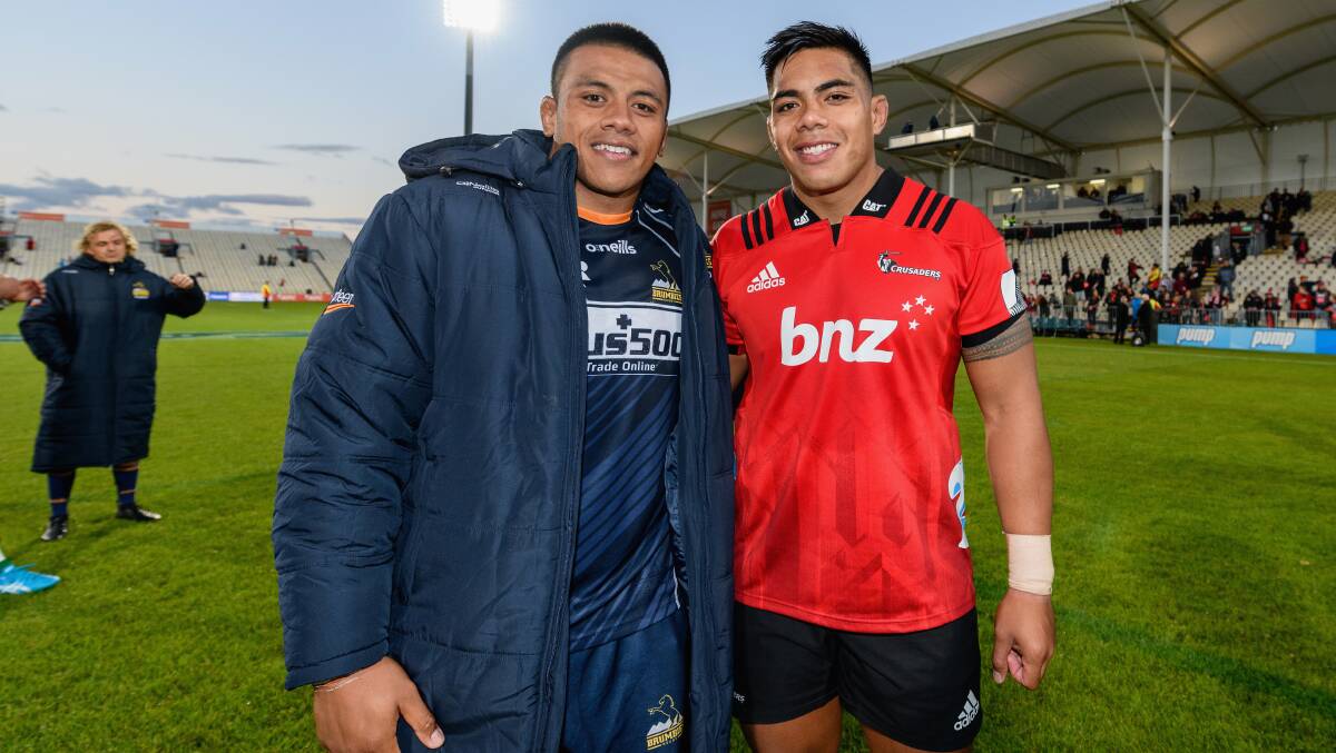 Allan and Michael Alaalatoa will go head to head for the first time since 2019 when the Brumbies face the Crusaders in Christchurch on Saturday. Picture: Getty