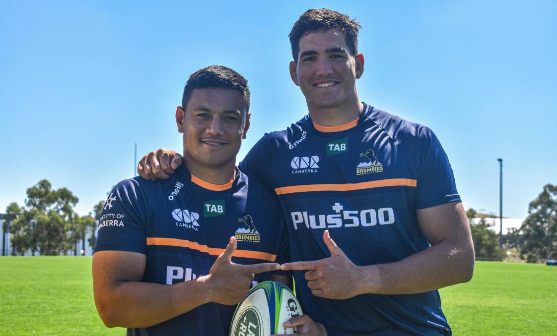 Len Ikitau and Darcy Swain have risen from high school to Super Rugby AU together. Picture: Brumbies Media/Lachlan Lawson