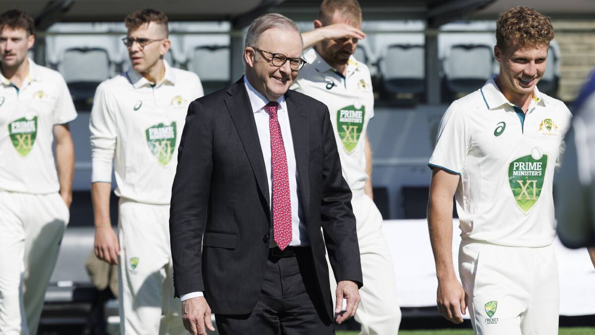 Anthony Albanese with the Prime Minister's XI. Picture by Keegan Carroll