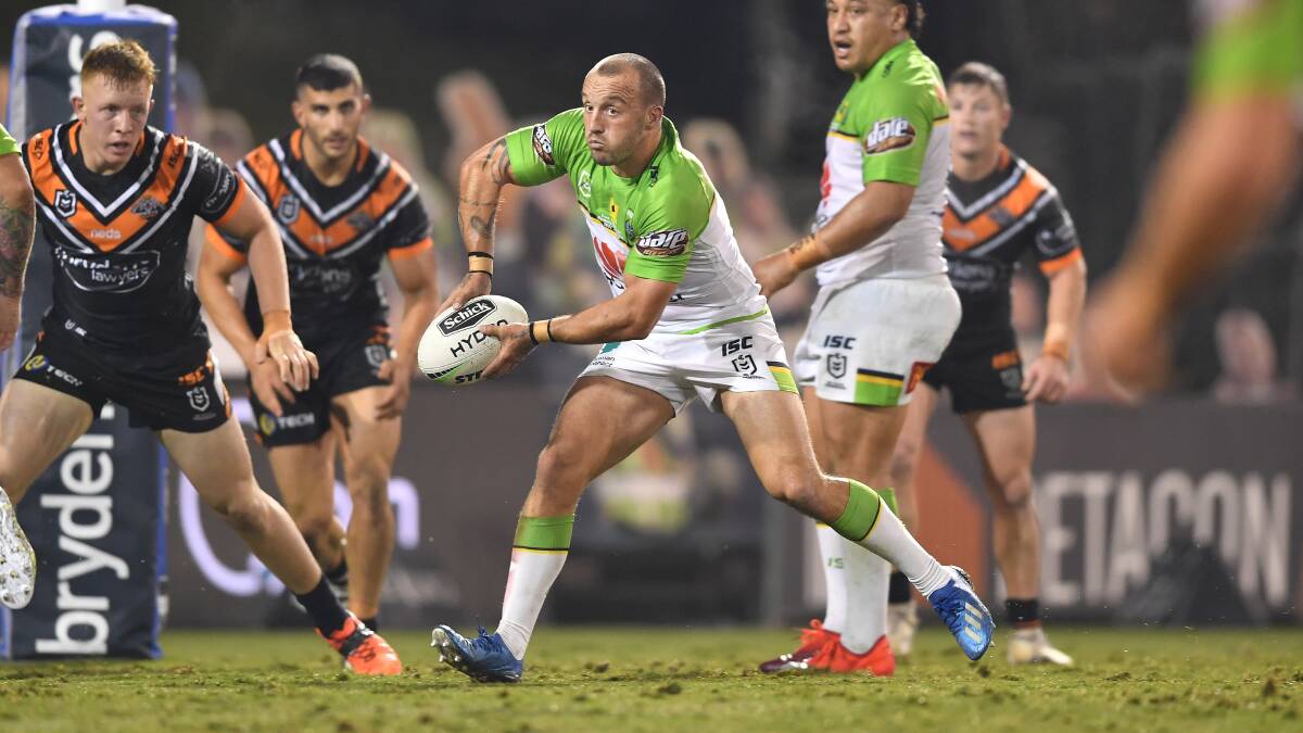 Josh Hodgson and the Raiders overcame a scoreless first half against the Tigers on Saturday night. Picture: NRL Imagery