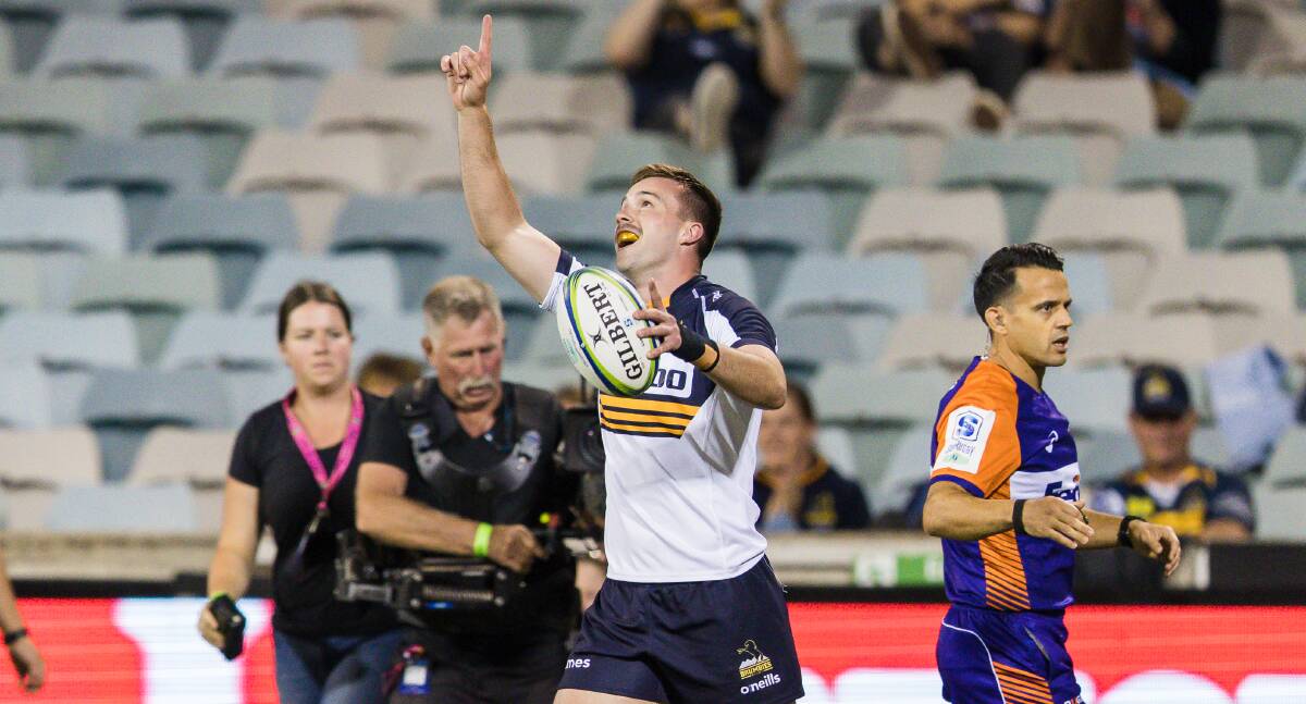 Mack Hansen scored a hat-trick for the Brumbies as they thrashed the Waratahs on Saturday night. Picture: Sitthixay Ditthavong