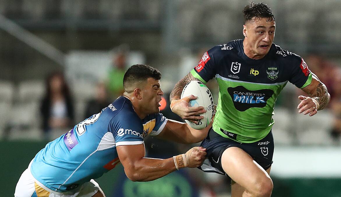 Charnze Nicoll-Klokstad came up with some big plays in the Raiders' clash with the Titans. Picture: Getty