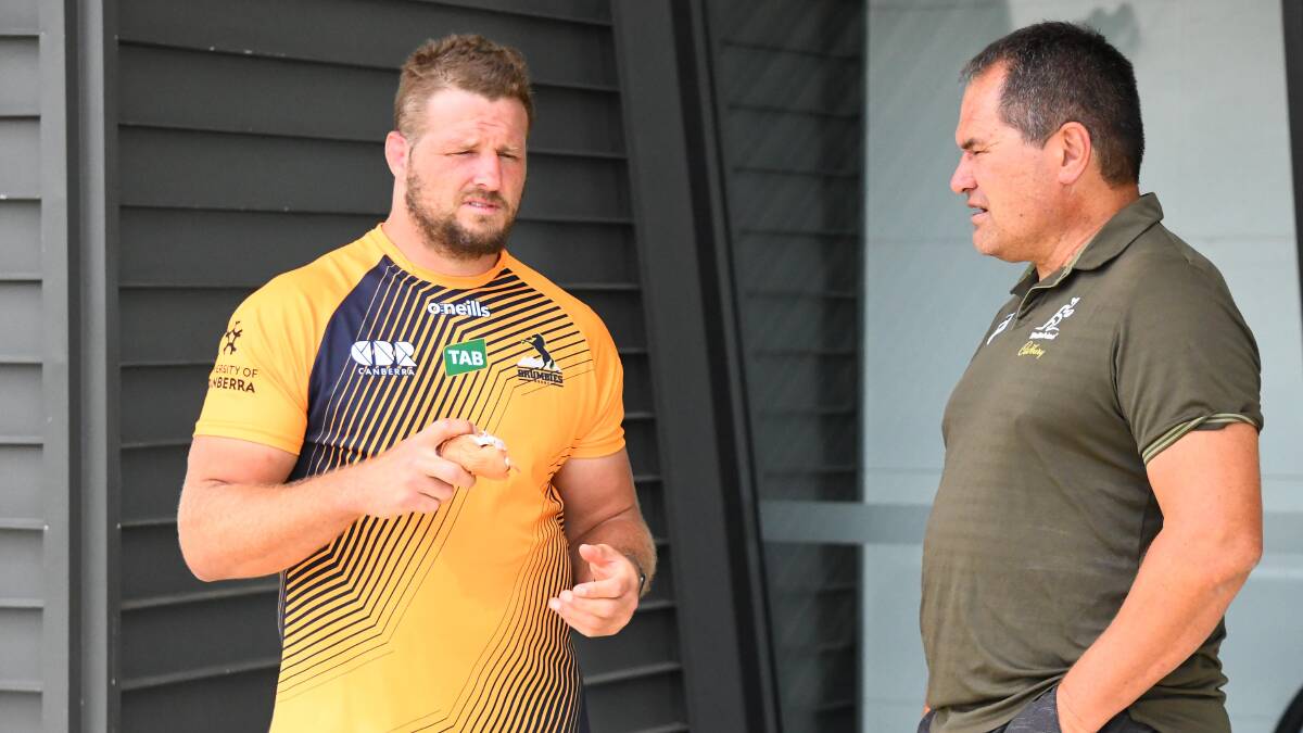 Wallabies mentor Dave Rennie and Brumbies coach Dan McKellar are rapt to have James Slipper on board for another year. Picture: Lachlan Lawson/Brumbies Media