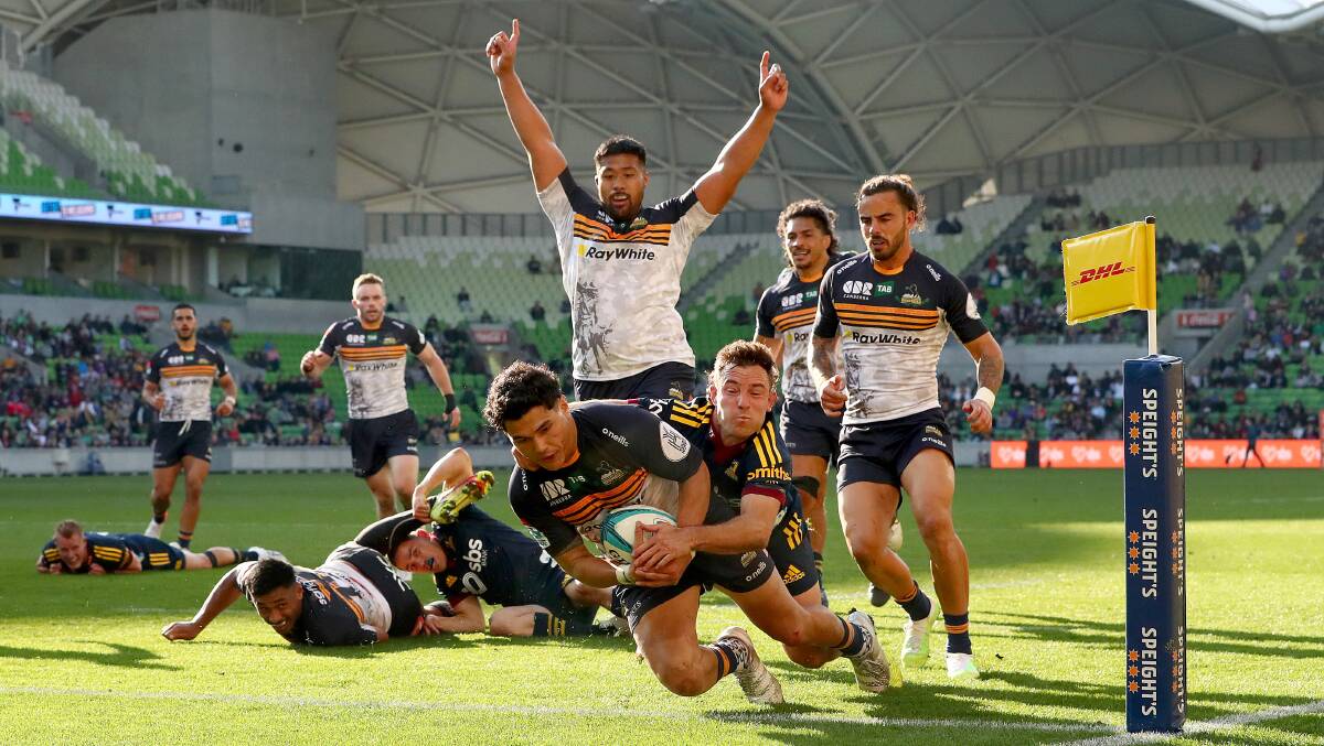 Noah Lolesio scored to seal a win for the Brumbies against the Highlanders. Picture: Getty