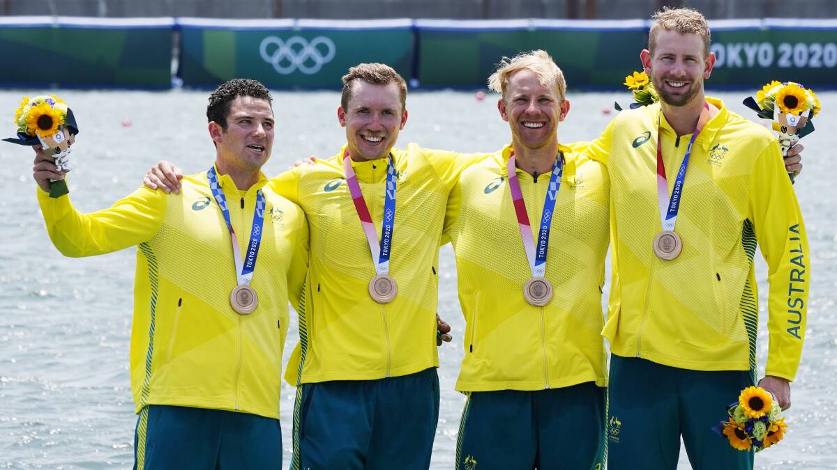 The men's quad scull crew of Caleb Antill, Jack Cleary, Cameron Girdlestone, Luke Letcher finished in style. Picture: AAP