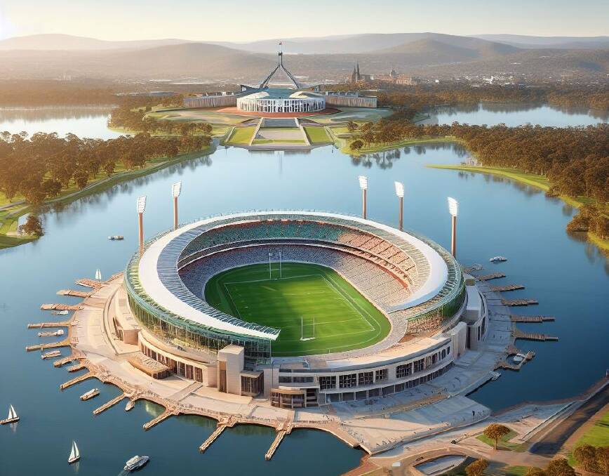 An AI-generated stadium on Lake Burley Griffin. Picture X