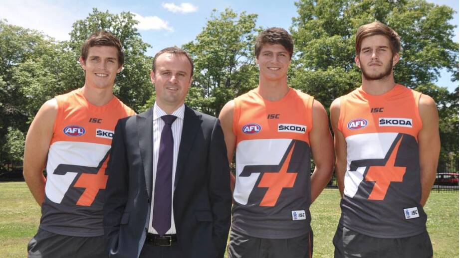 Andrew Barr with the Giants when they unveiled their Canberra jersey in 2011. Picture Supplied