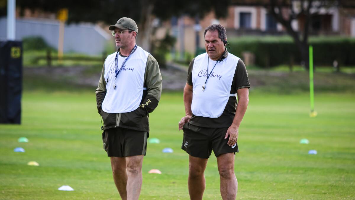 Wallabies mentors Dan McKellar and Dave Rennie in camp in Perth. Picture: Andrew Phan/Wallabies media