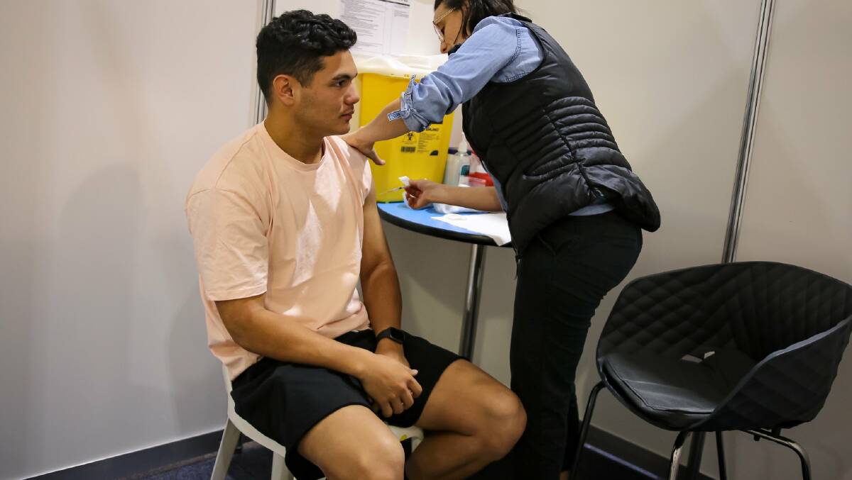 Brumbies flyhalf Noah Lolesio received his second jab in camp with the Wallabies. Picture: Wallabies Media