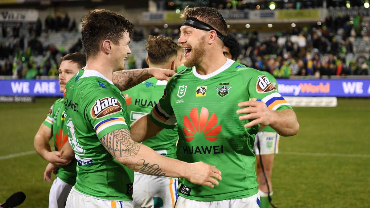 Canberra Raiders star Elliott Whitehead (R) has been one of their best this year. Picture: NRL Photos