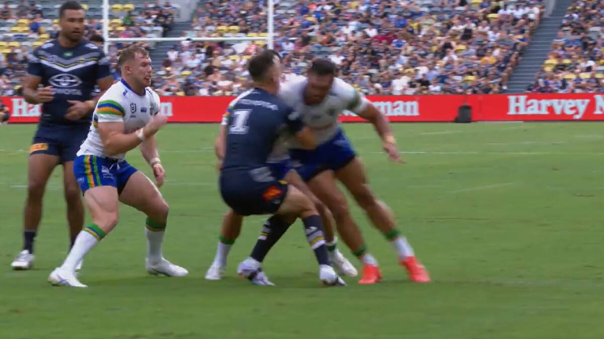 Jordan Rapana is in strife for this shoulder charge. Picture Fox Sports