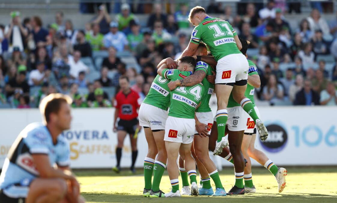 Canberra stunned Cronulla with a late try to send the home fans wild. Picture: Keegan Carroll