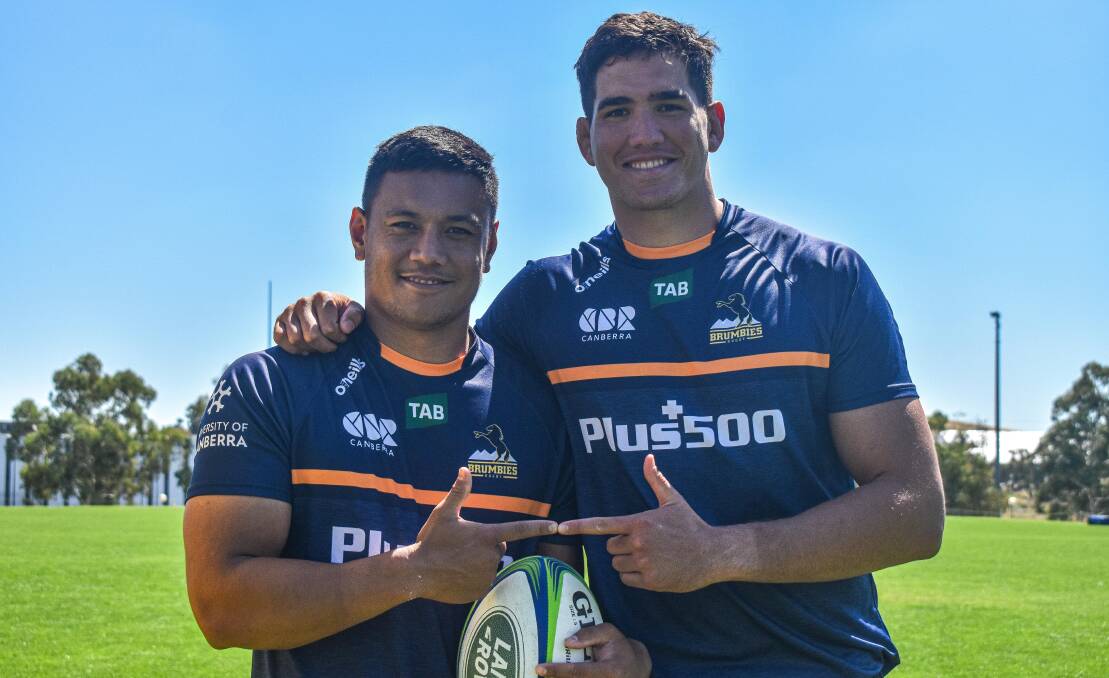 Len Ikitau and Darcy Swain have surged into Wallabies contention. Picture: Lachlan Lawson/Brumbies Media