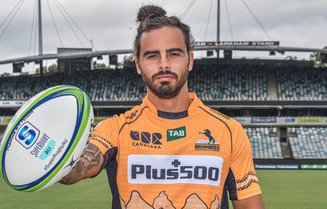Brumbies winger Andy Muirhead unveils the club's First Nations jersey. Picture: Brumbies Media/Lachlan Lawson