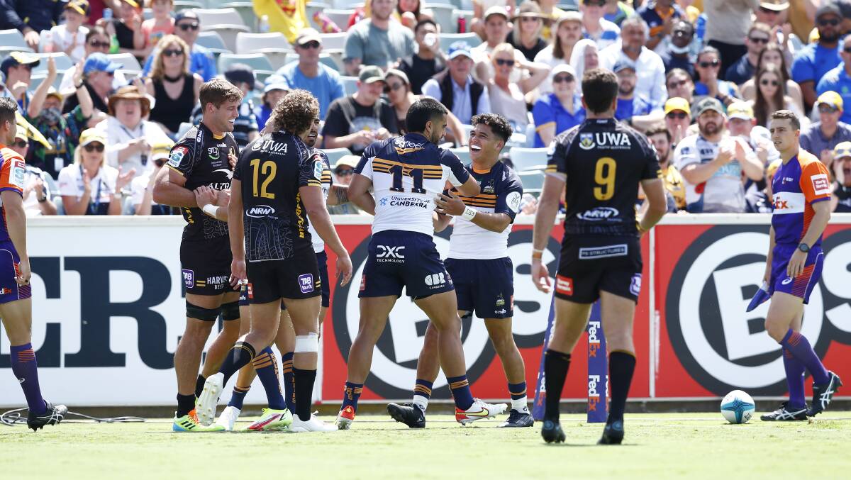 Noah Lolesio sent Tom Wright over for the Brumbies' first try of 2022. Picture: Keegan Carroll