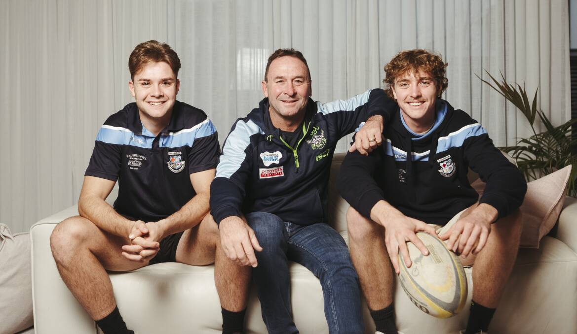 Raiders coach Ricky Stuart with his two sons Jackson and Jed, who play together for Queanbeyan Whites. Picture: Dion Georgopoulos