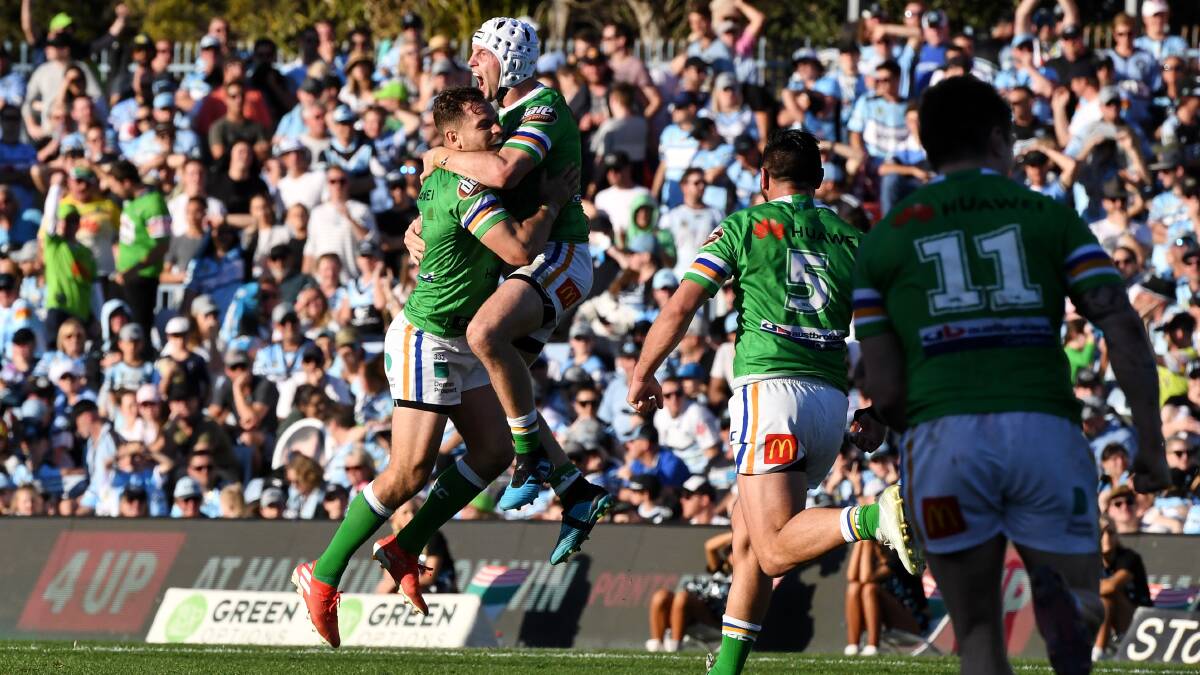 The Canberra Raiders erupted as Aidan Sezer's match-winning field goal sailed over. Picture: NRL Photos