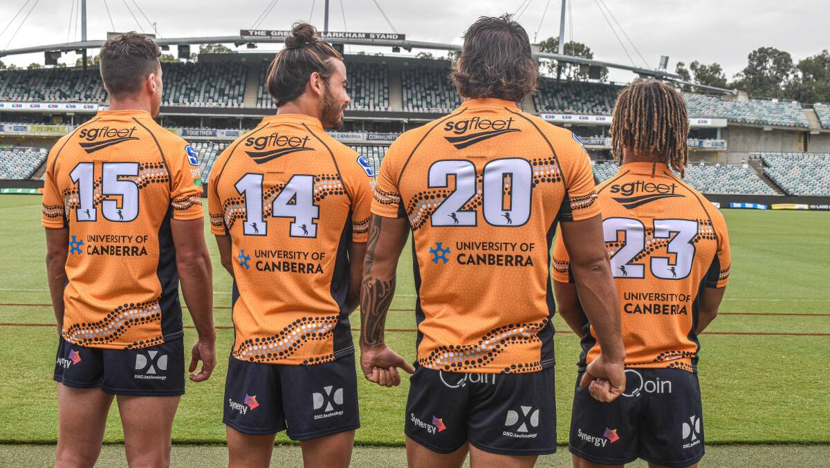 Tom Banks, Andy Muirhead, Jahrome Brown and Issak Fines-Leleiwasa will help the Brumbies celebrate First Nations round. Picture: Picture: Brumbies Media/Lachlan Lawson