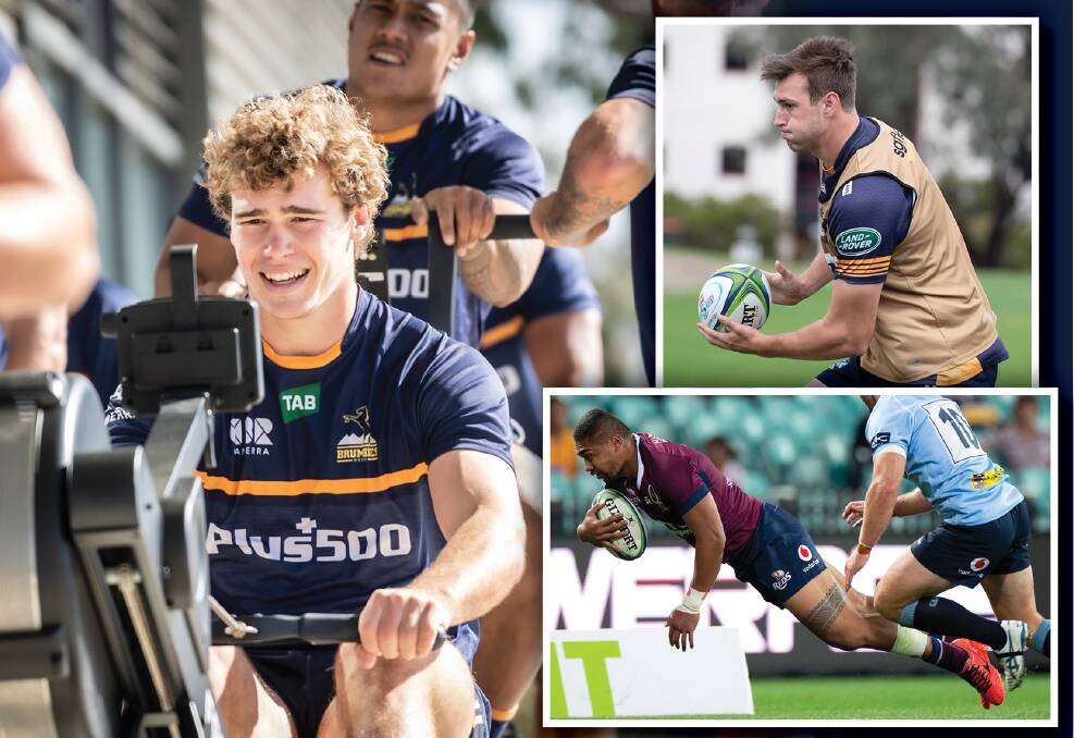 Rory Scott, Nick Frost and Chris Feauai-Sautia are among the Brumbies to watch. Pictures: Karleen Minney (main)/Sitthixay Ditthavong, Getty (insets)