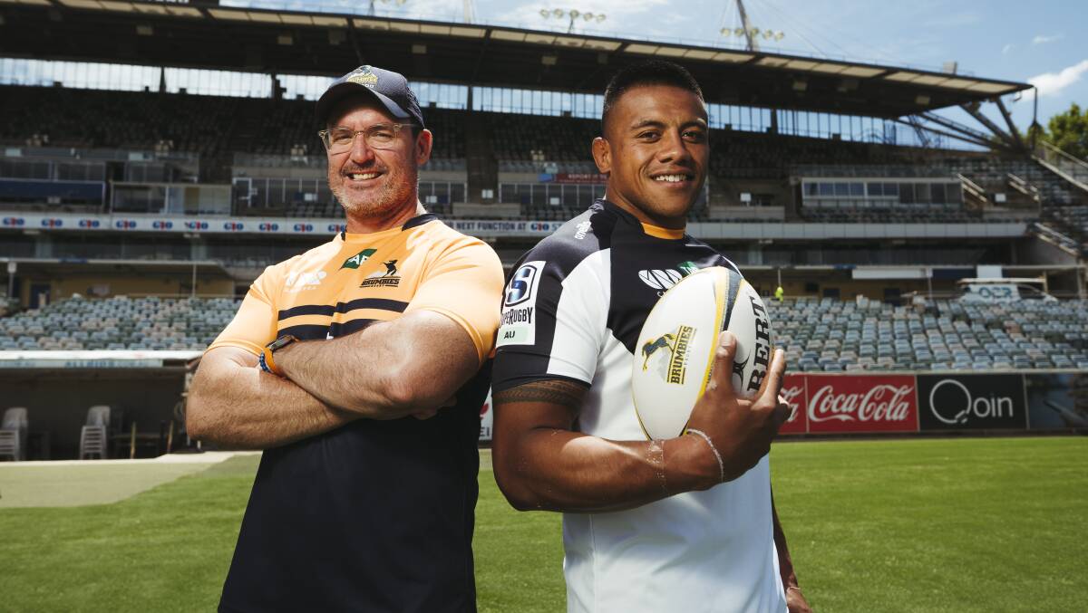 Dan McKellar and Allan Alaalatoa are pushing to welcome a big crowd back to Canberra Stadium. Picture: Dion Georgopoulos