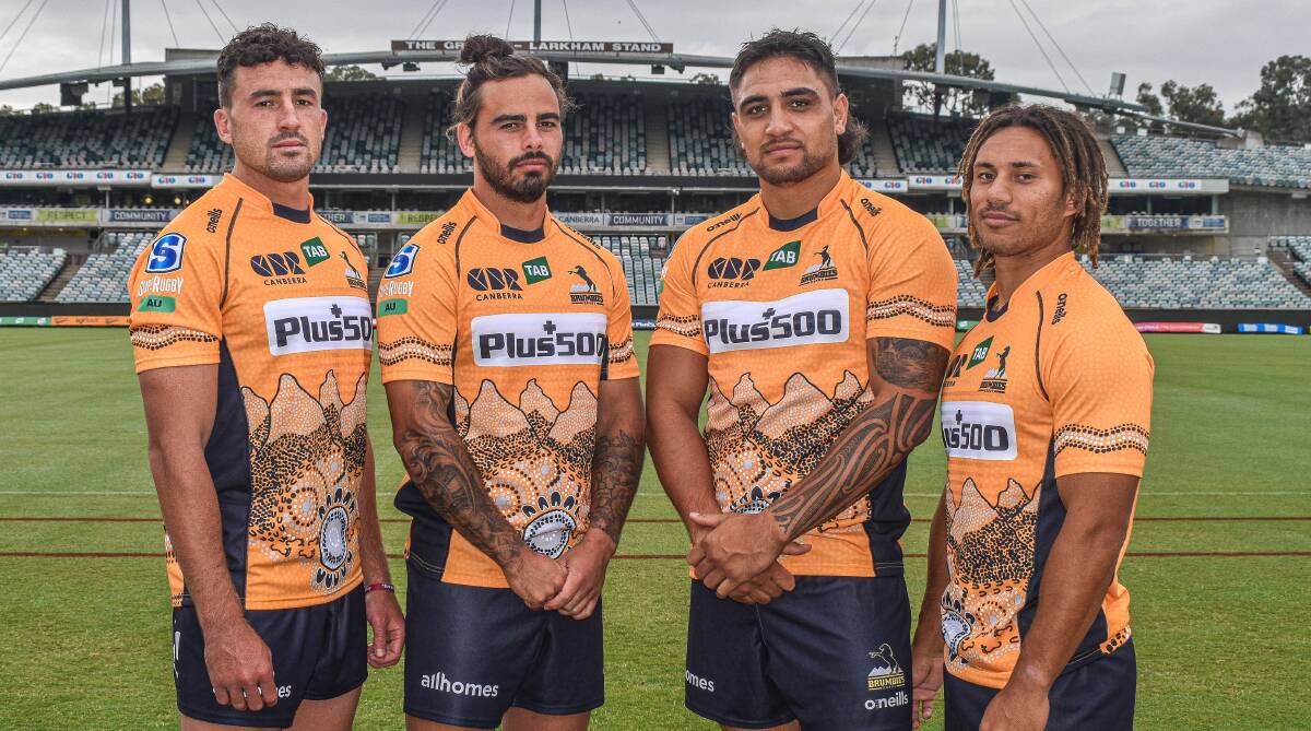 Tom Banks, Andy Muirhead, Jahrome Brown and Issak Fines-Leleiwasa in the First Nations kit. Picture: Picture: Brumbies Media/Lachlan Lawson