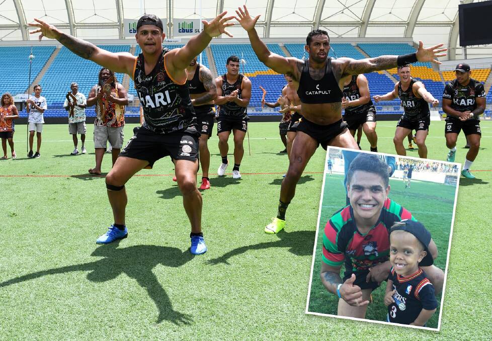 Latrell Mitchell and the Indigenous All Stars will be led onto the park by Quaden Bayles. Picture: NRL Imagery (Inset: Twitter)