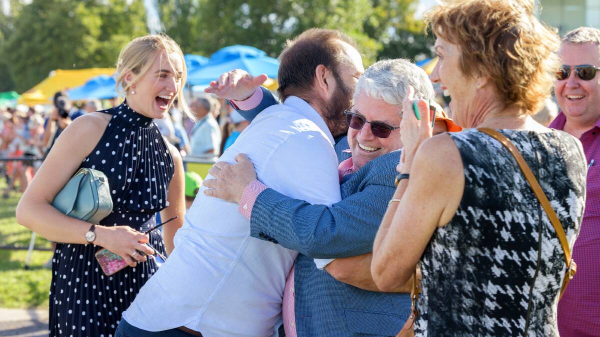 Connections of Sacramento celebrate after the five-year-old won the Canberra Cup in emphatic fashion. Picture: Sitthixay Ditthavong