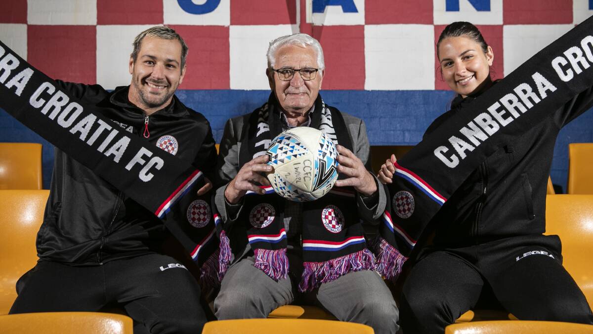 Mathew Grbesa, Stanko Milin and Cecilija Matic have a chance to laud Canberra Croatia's name change. Picture: Keegan Carroll