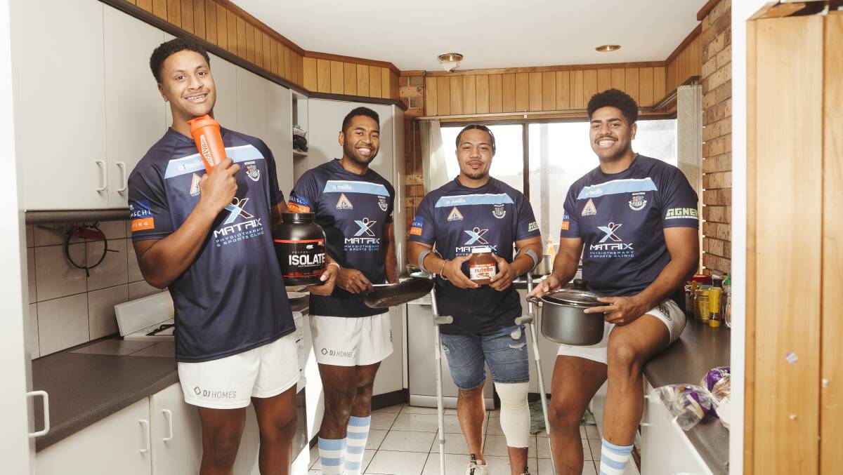 Whites players Zeph Tuinona, Isaac Seeto, Yabaki Seeto, and Fred Kaihea are living together in a sharehouse in Queanbeyan, chasing down their rugby dream together. Picture: Dion Georgopoulos