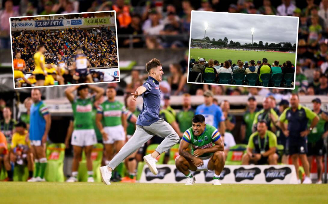 Fans who consider ditching their seats for the field of play could face fines. Pictures by Keegan Carroll (insets)/AAP