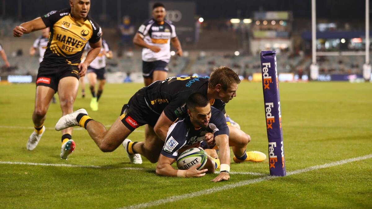 Tom Wright scored a breakthrough try for the Brumbies to put them in the box seat. Picture: Keegan Carroll