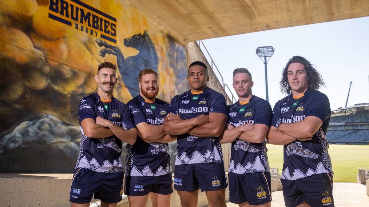 Nic White, Tom Ross, Allan Alaalatoa, Ryan Lonergan and Lachlan Lonergan have issued a call to arms for Canberra fans. Picture: Keegan Carroll