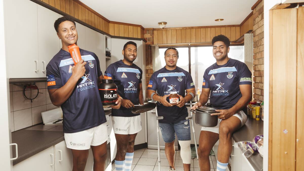 Queanbeyan Whites players Zeph Tuinona, Isaac Seeto, Yabaki Seeto, and Fred Kaihea are living together in a sharehouse in Queanbeyan chasing rugby dreams. Picture: Dion Georgopoulos