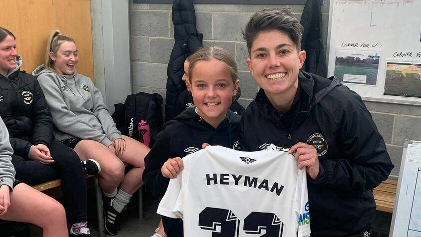 Emily Fogg from Gungahlin United's under 13s presented Michelle Heyman with her jersey. Picture: Facebook