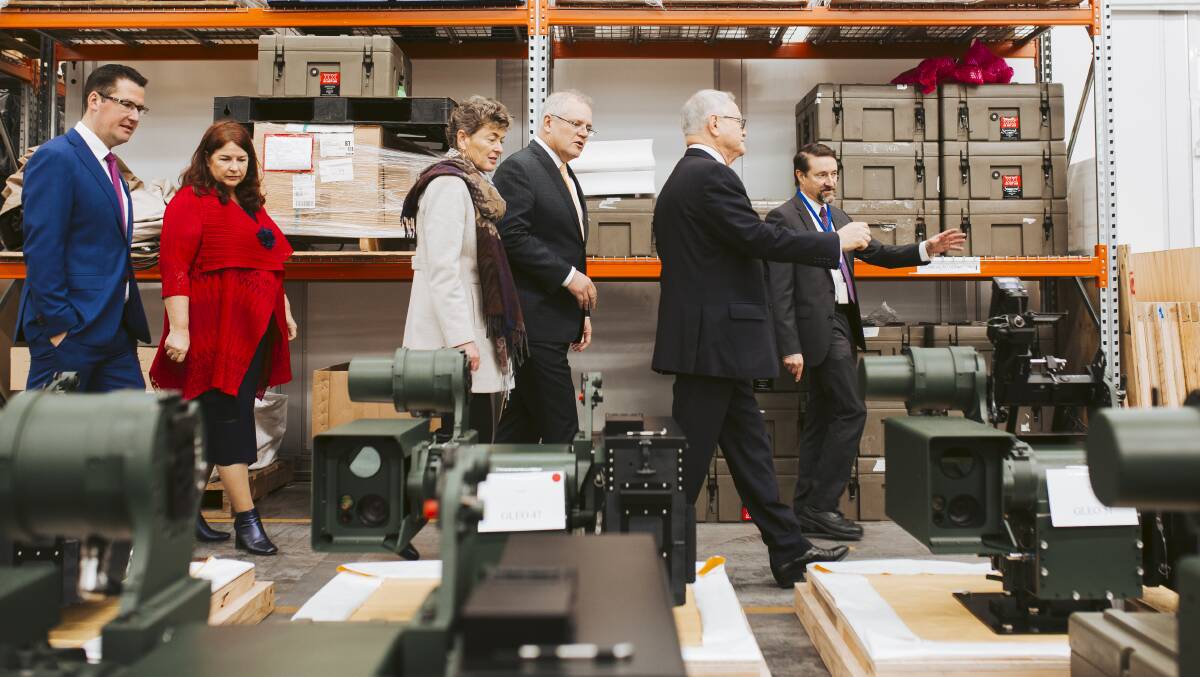 Scott Morrison, Fiona Kotvojs, Defence Industry Minister Melissa Price and ACT Liberal Senator Zed Seselja get a tour of the EOS site. Picture: Jamila Toderas 