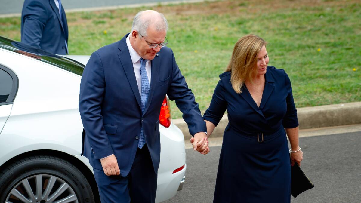 Prime Minister, Scott Morrison and wife Jenny, arrive at the state funeral of former Governor General, Michael Jeffery. Picture: Elesa Kurtz 