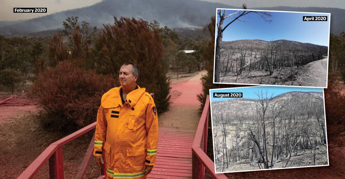 ACT Rural Fire Service chief officer Joe Murphy at the Namadgi Visitor Centre in February. Picture: Sitthixay Ditthavong. Inset: The eastern side of Namadgi, four months apart. Pictures: Ben Scheele